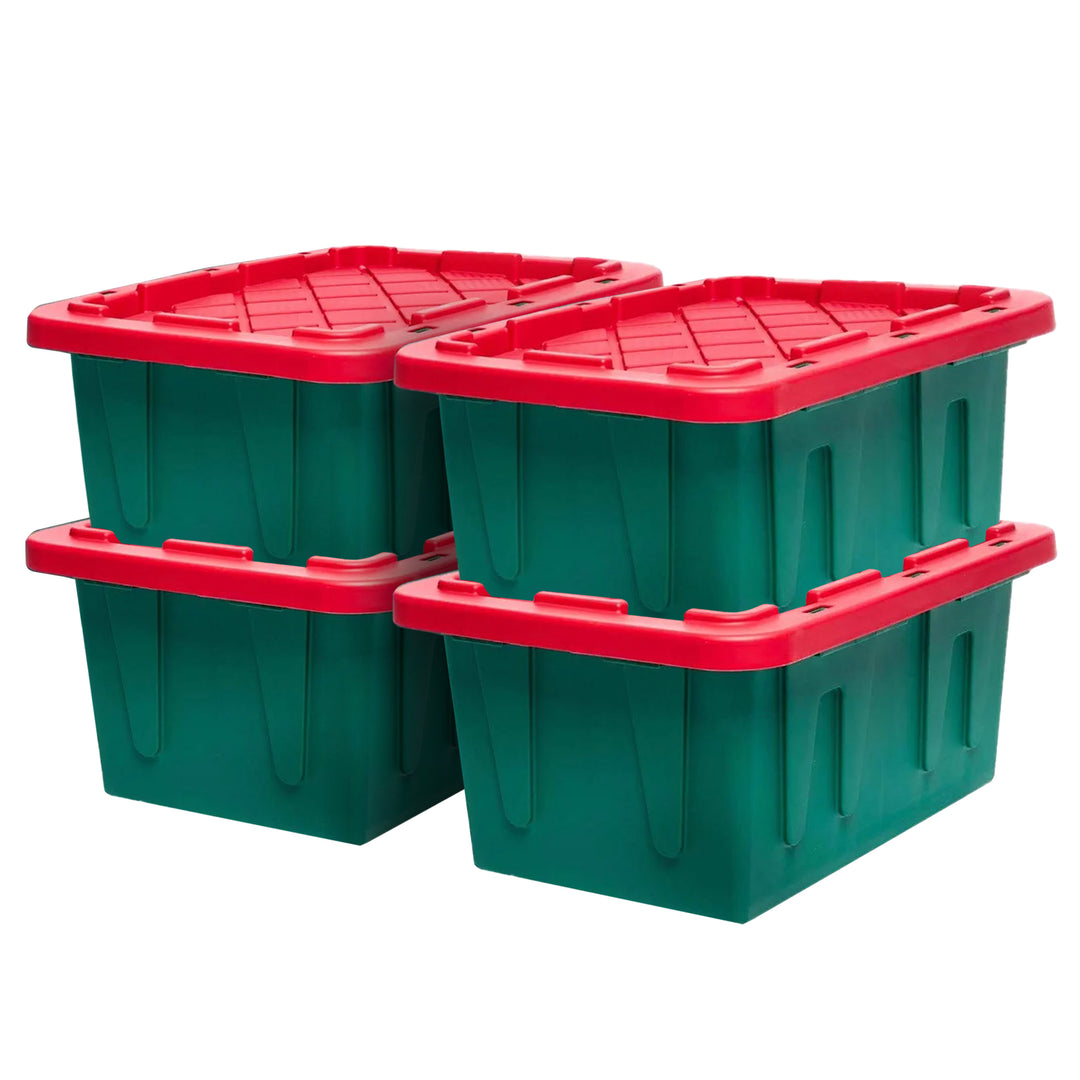 HOMZ Durabilt 15 Gallon Heavy Duty Holiday Storage Tote, Green/Red (4 Pack)