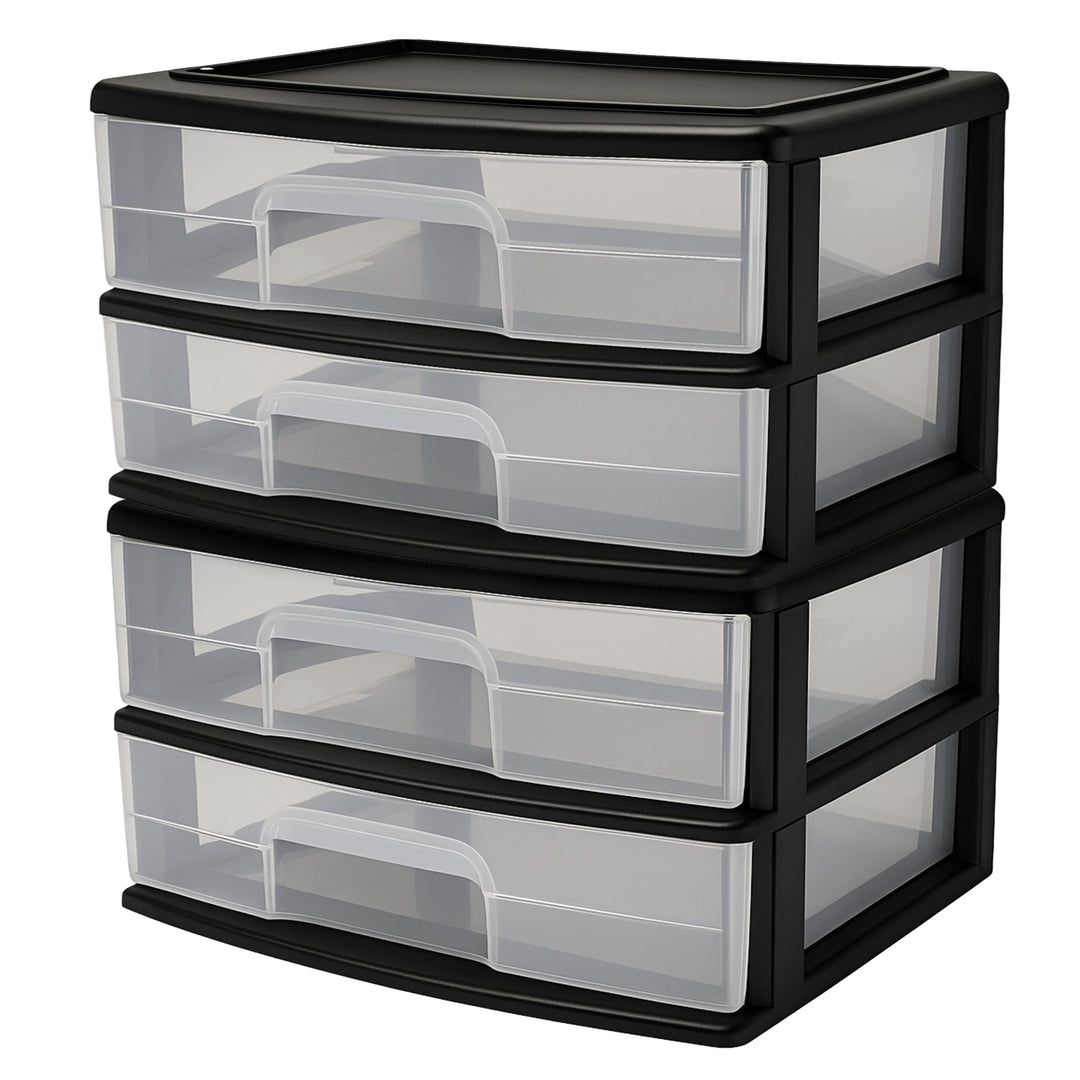 Homz Plastic 2 Drawer Wide Storage Cart, Black w/ Clear Drawer, 2pk (Open Box)