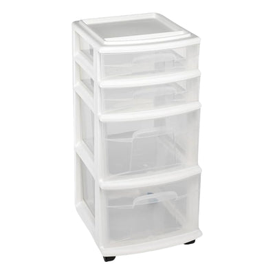 Homz Clear Plastic 4 Drawer Medium Home Storage Tower, White Frame (Used)