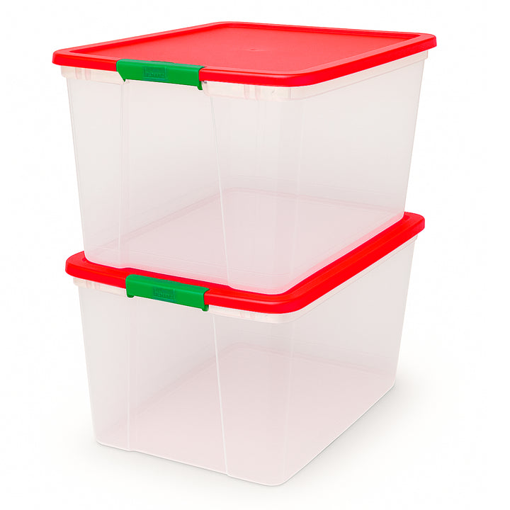 Homz 64Qt Secure Latch Clear Plastic Storage Bin w/Red Lid, 2 Pack (Used)