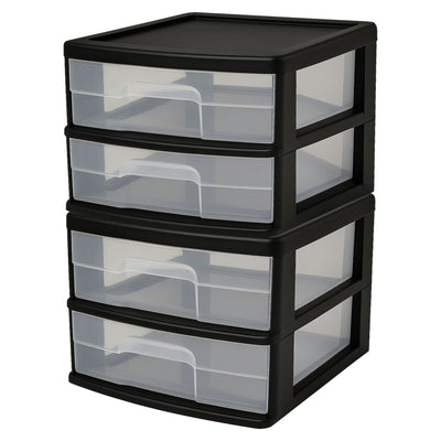 Homz Plastic 2 Drawer Medium Storage Cart, Black Frame with Clear Drawer, 2 Pack - VMInnovations