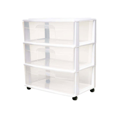 Homz Plastic 3 Clear Drawer Small Rolling Storage Container Tower, White Frame