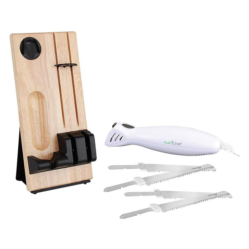 NutriChef 2 Blade Serrated Electric Knife w/ Butcher Block Storage Tray (4 Pack)