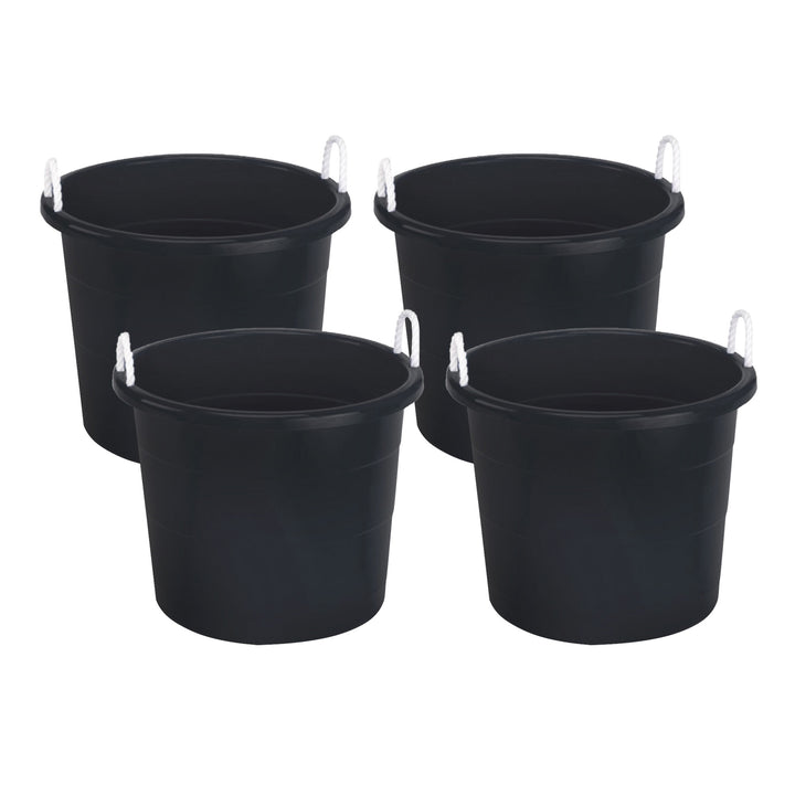 Homz Plastic 17 Gallon Utility Storage Bucket Tub w/ Rope Handle, Black, 4 Pack