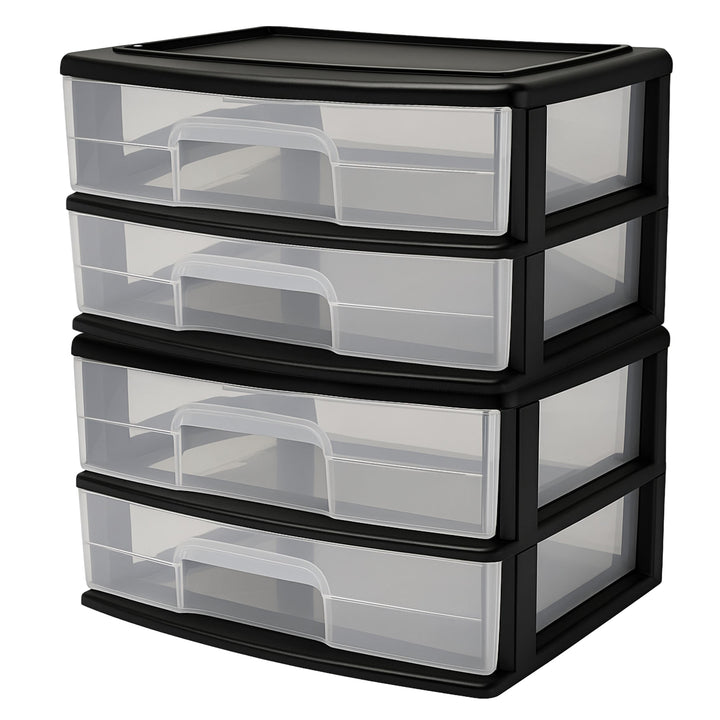 Homz Plastic 2 Drawer Wide Storage Cart, Black Frame with Clear Drawer, 2 Pack