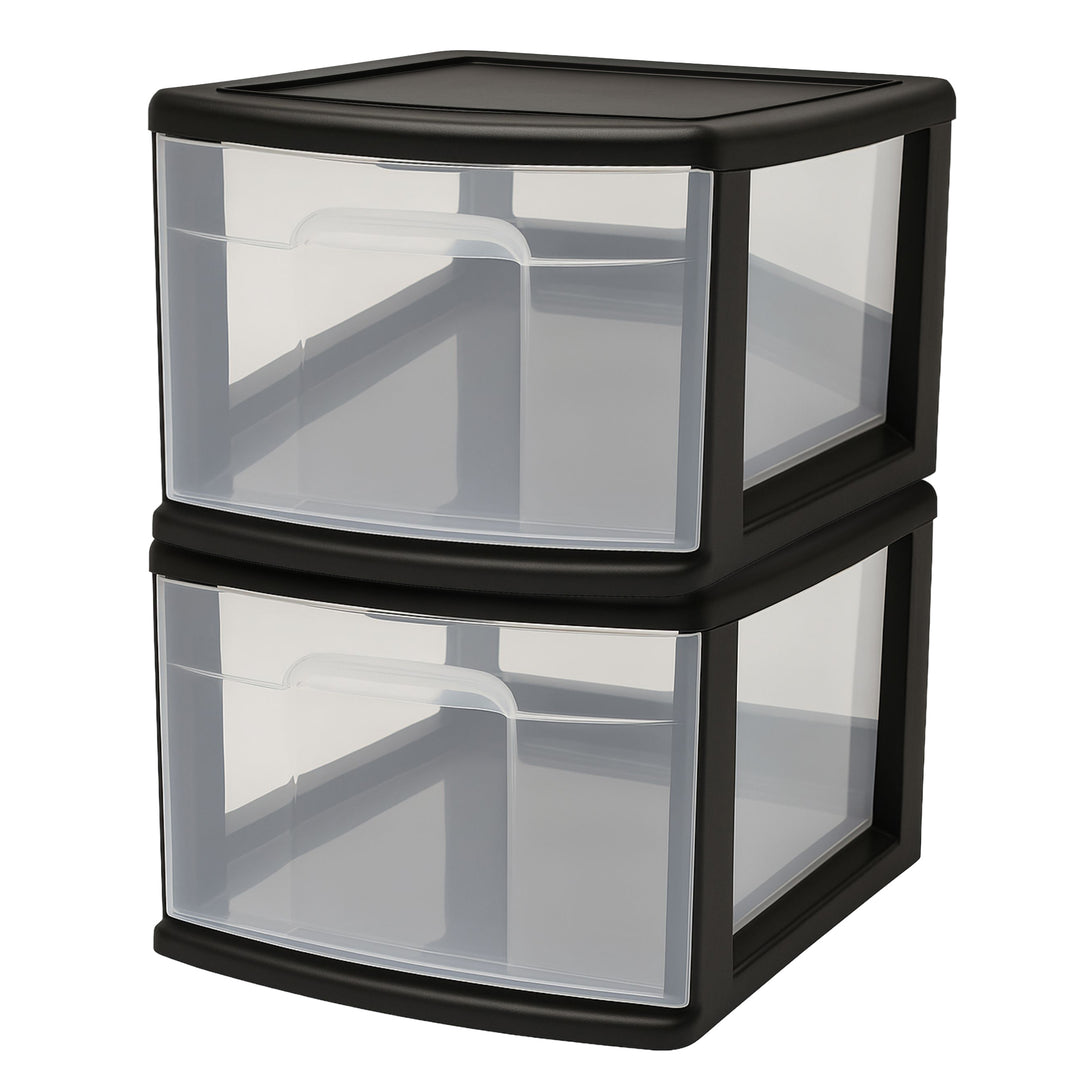 Homz Plastic 1 Drawer Medium Storage Cart, Black Frame with Clear Drawer, 2 Pack