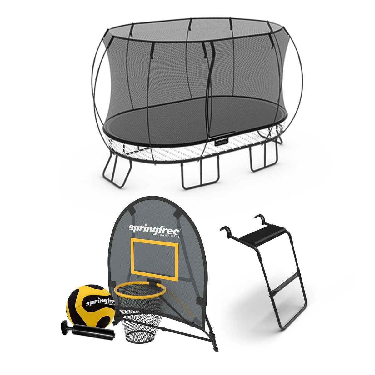 Springfree Outdoor 8 x 11 Ft Trampoline, Enclosure, Hoop Game, and Step Ladder
