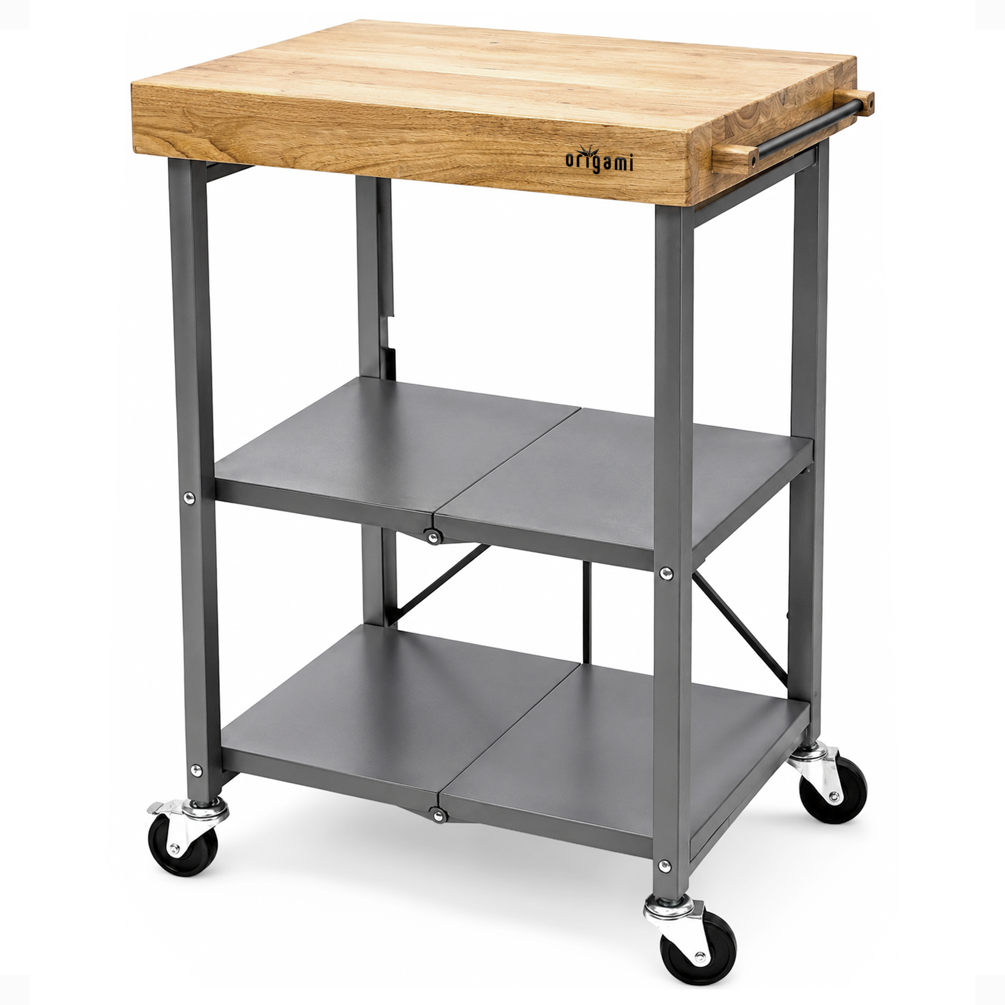 Origami Foldable Wheeled Portable Solid Wood Top Kitchen Island Bar Cart, Silver - VMInnovations