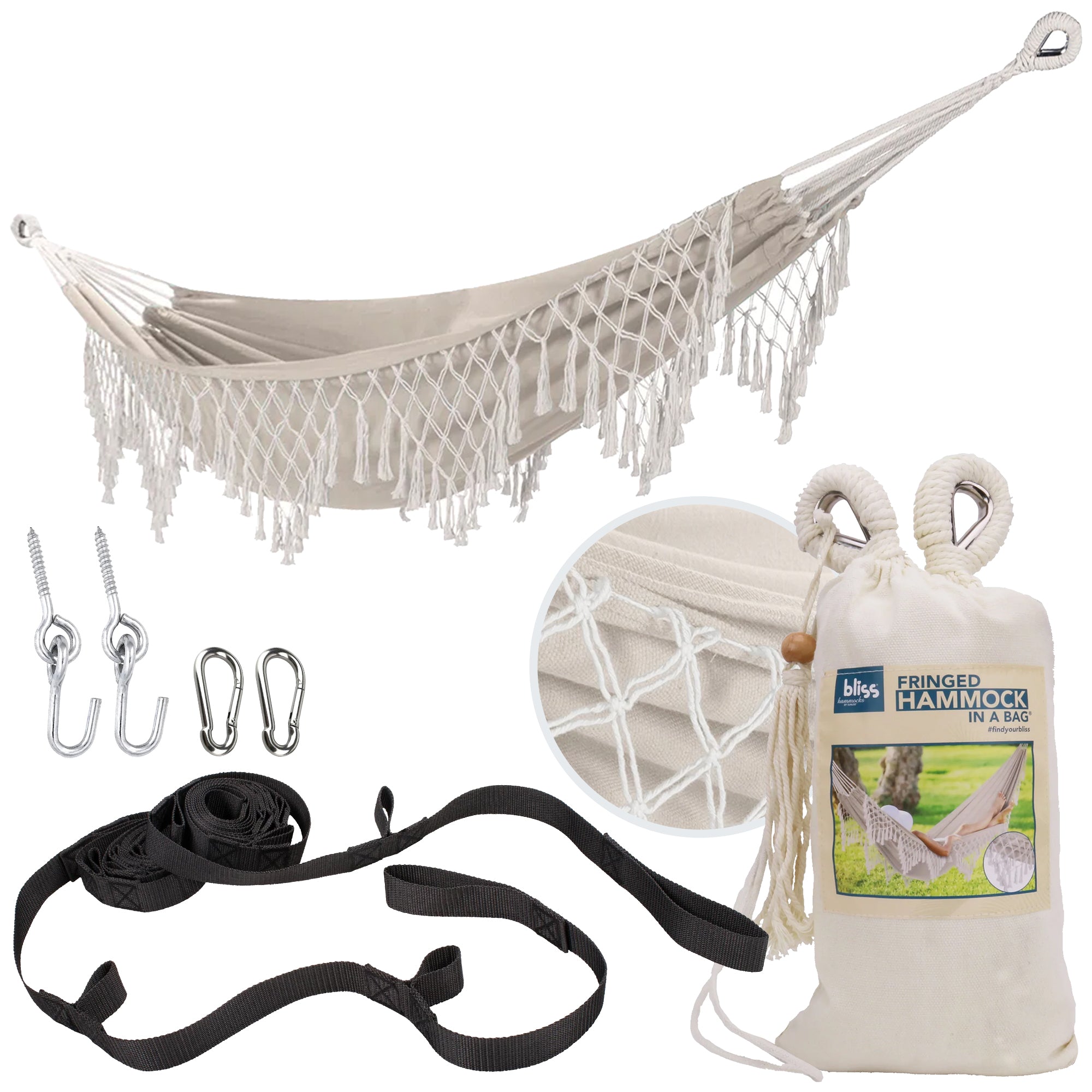 Bliss Hammocks Fringed Hammock w/ Rope Loops & Tree Straps, 250 lb, Natural - VMInnovations