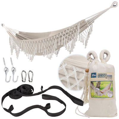 Bliss Hammocks Fringed Hammock w/ Rope Loops & Tree Straps, 250 lb, Natural - VMInnovations