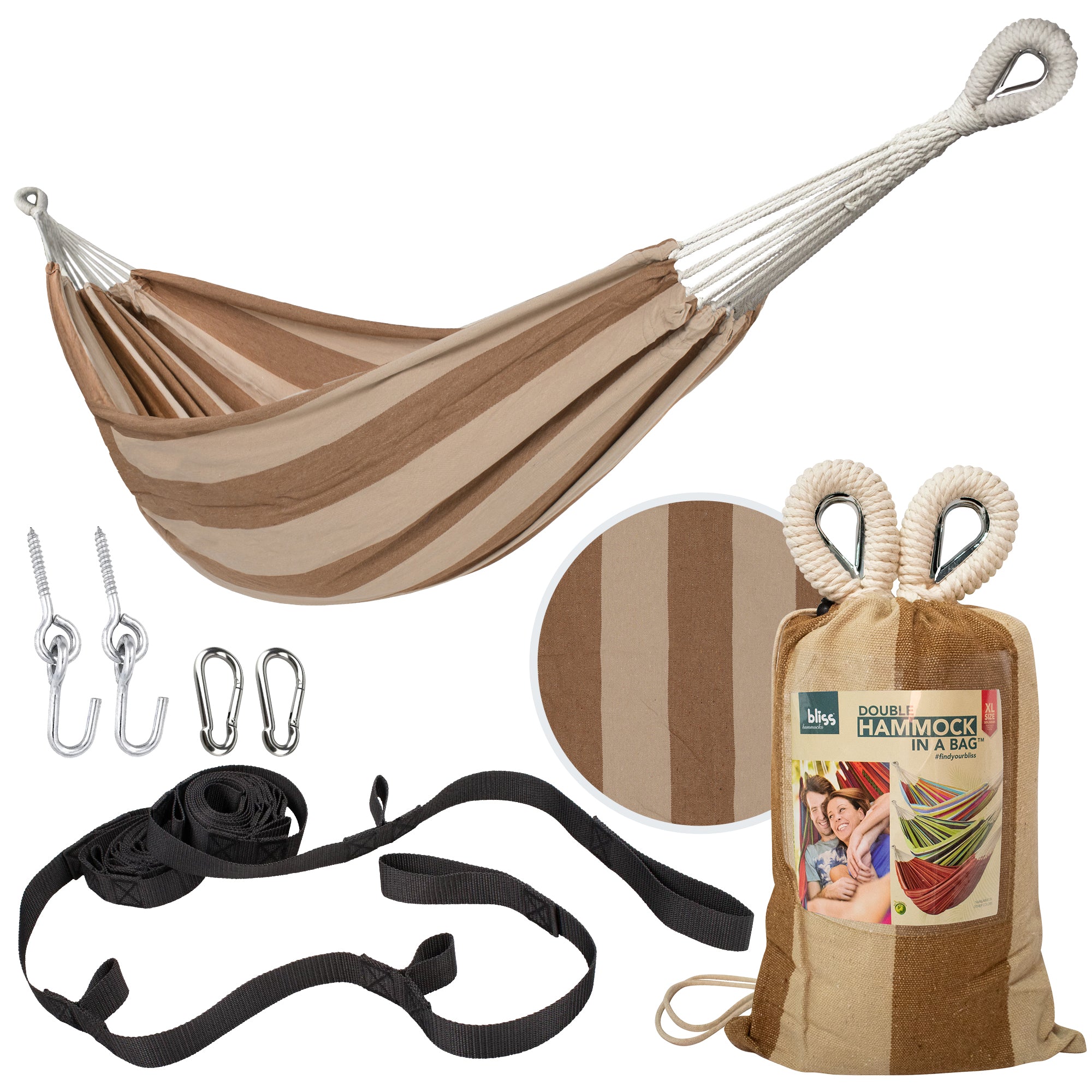 Bliss Hammocks Double Hammock with Rope Loops & Tree Straps, 265 lb, Cappuccino - VMInnovations