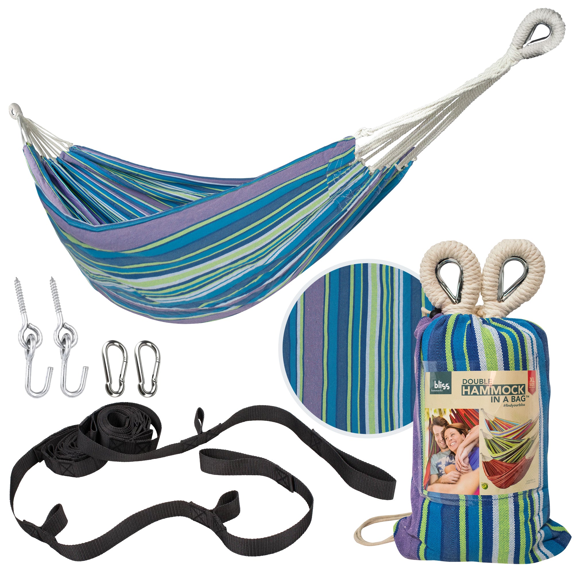 Bliss Hammocks Double Hammock w/ Rope Loops & Tree Straps, 265 lb, Malibu Stripe