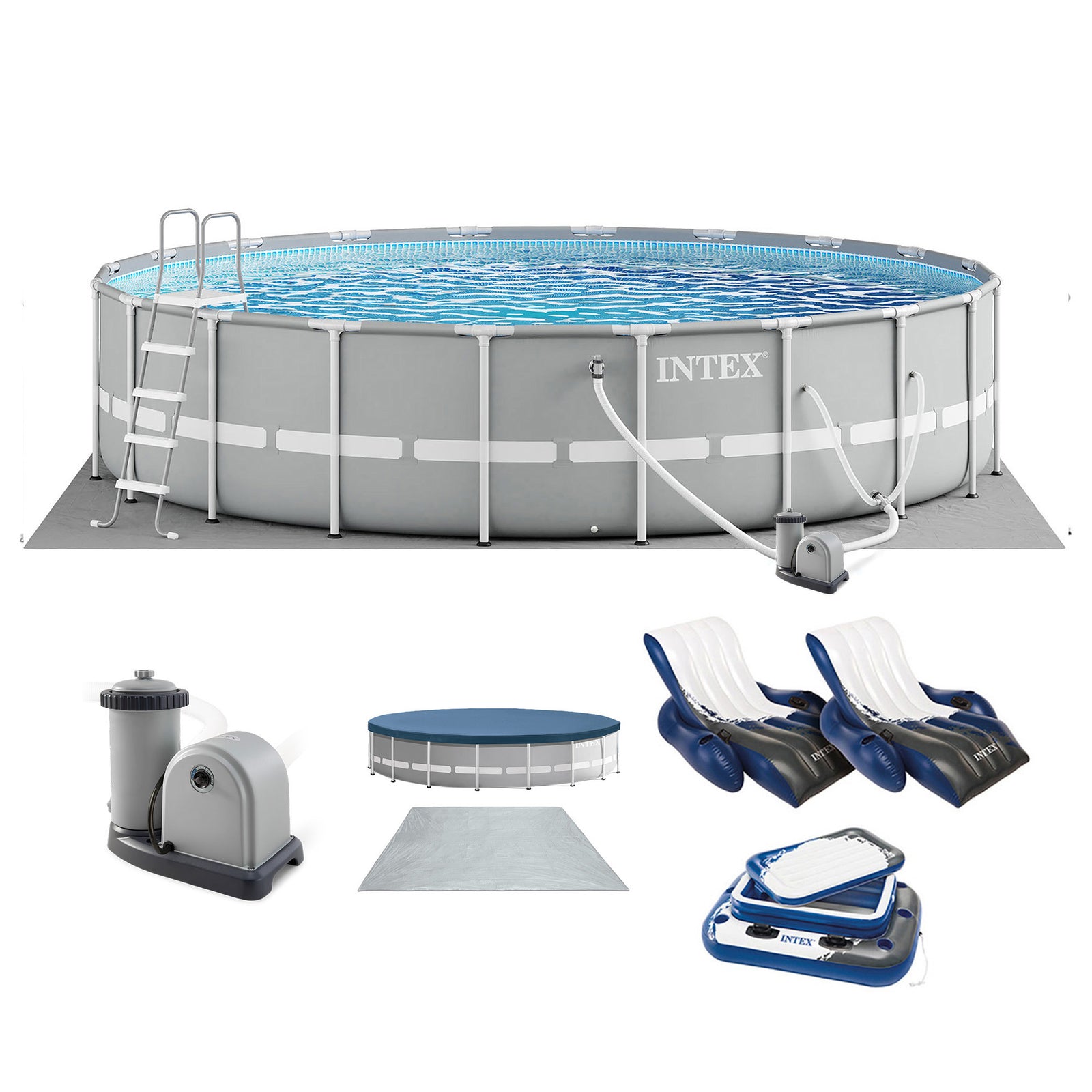 Intex Prism Frame 20ft x 52in Above Ground Pool, Lounger Float (2 Pack) & Cooler - VMInnovations