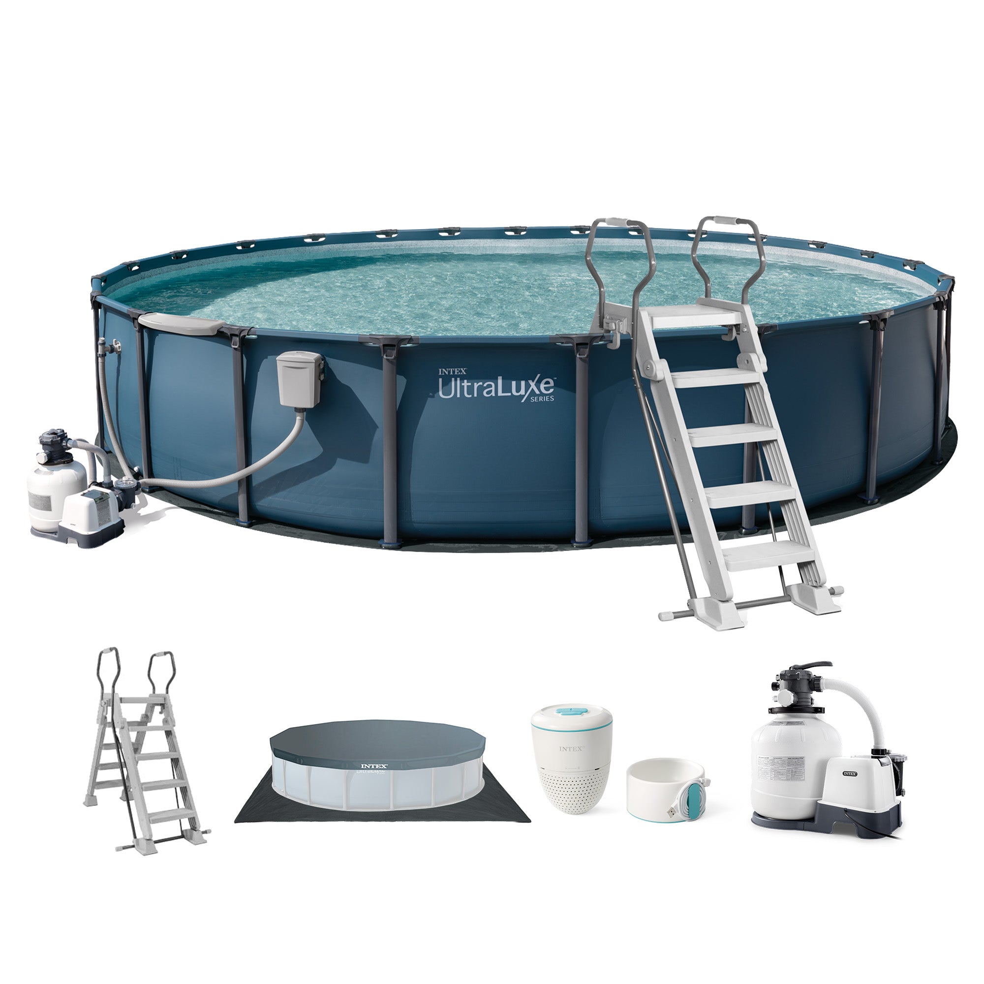 INTEX UltraLuxe 24ft x 52in Above Ground Pool, Sand Pump, & Saltwater System - VMInnovations