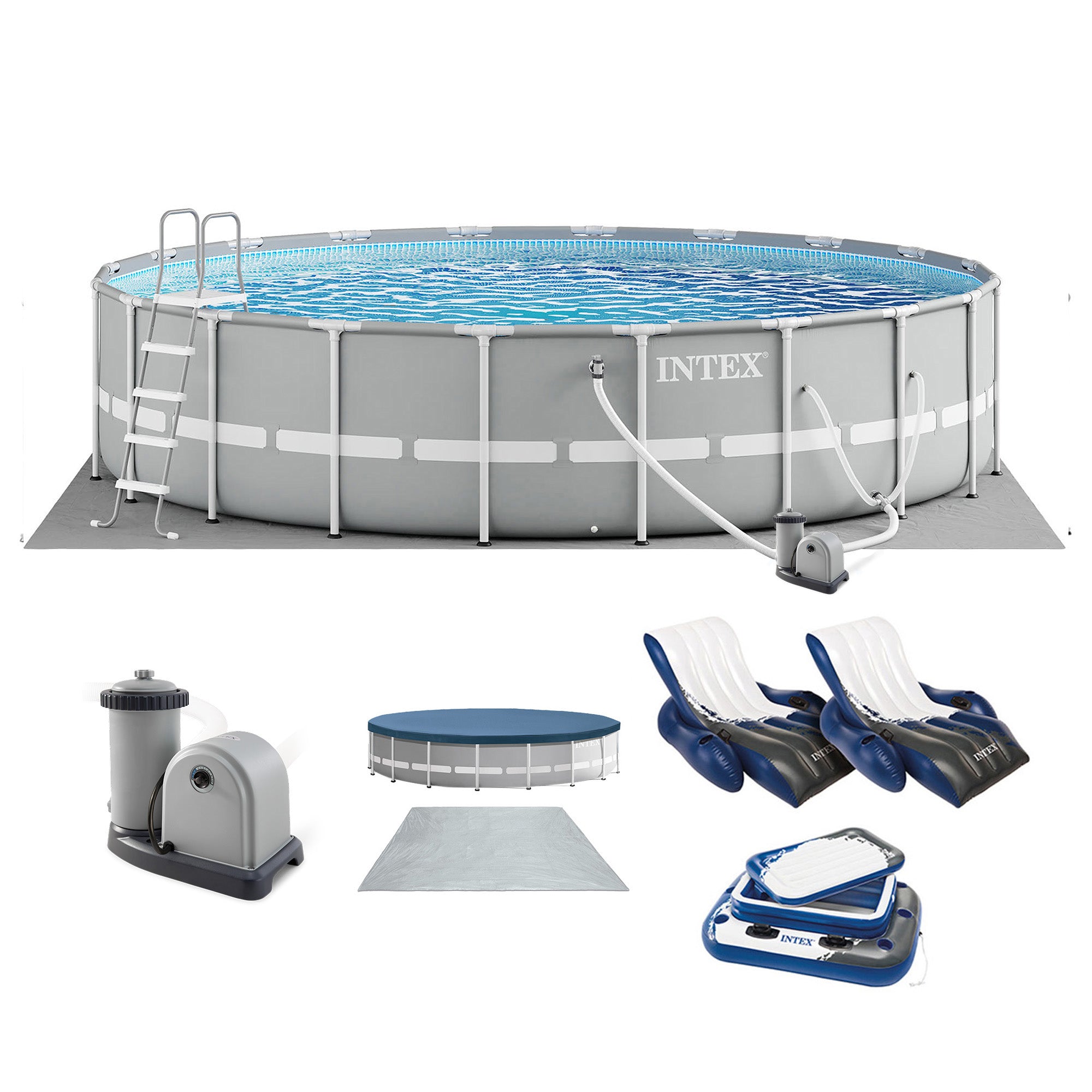 Intex Prism Frame 20ft x 52in Above Ground Pool, Lounger Float (2 Pack) & Cooler