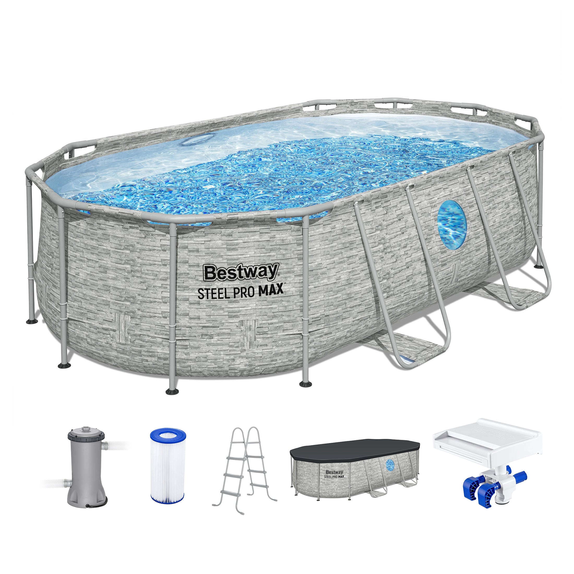 Bestway Multicolor LED Waterfall & 14'x8'x39.5" Above Ground Swimming Pool Set - VMInnovations