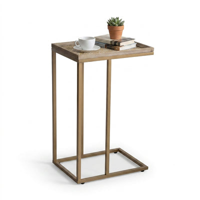 COZAYH C Table Couch Metal End Table w/Woven Pattern Tray Top, Gold (Open Box)