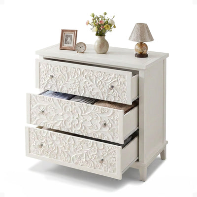 COZAYH 3-Drawer Flower Motif Dresser for Home & Bedroom, Fully Assembled, White