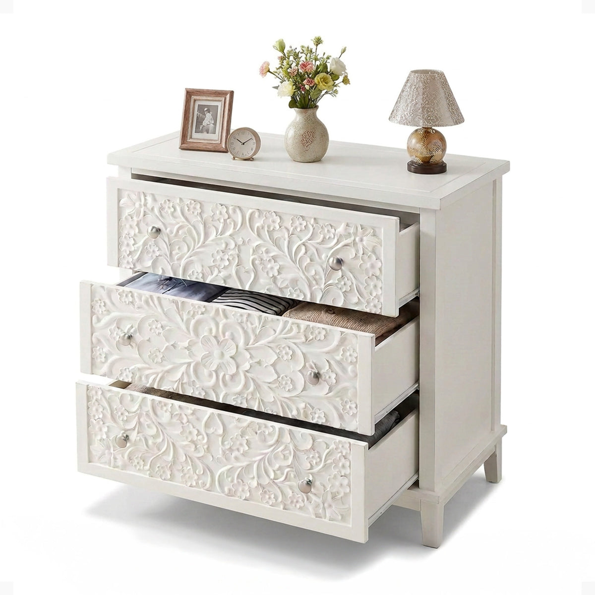 COZAYH 3-Drawer Flower Motif Dresser for Home & Bedroom, (For Parts)