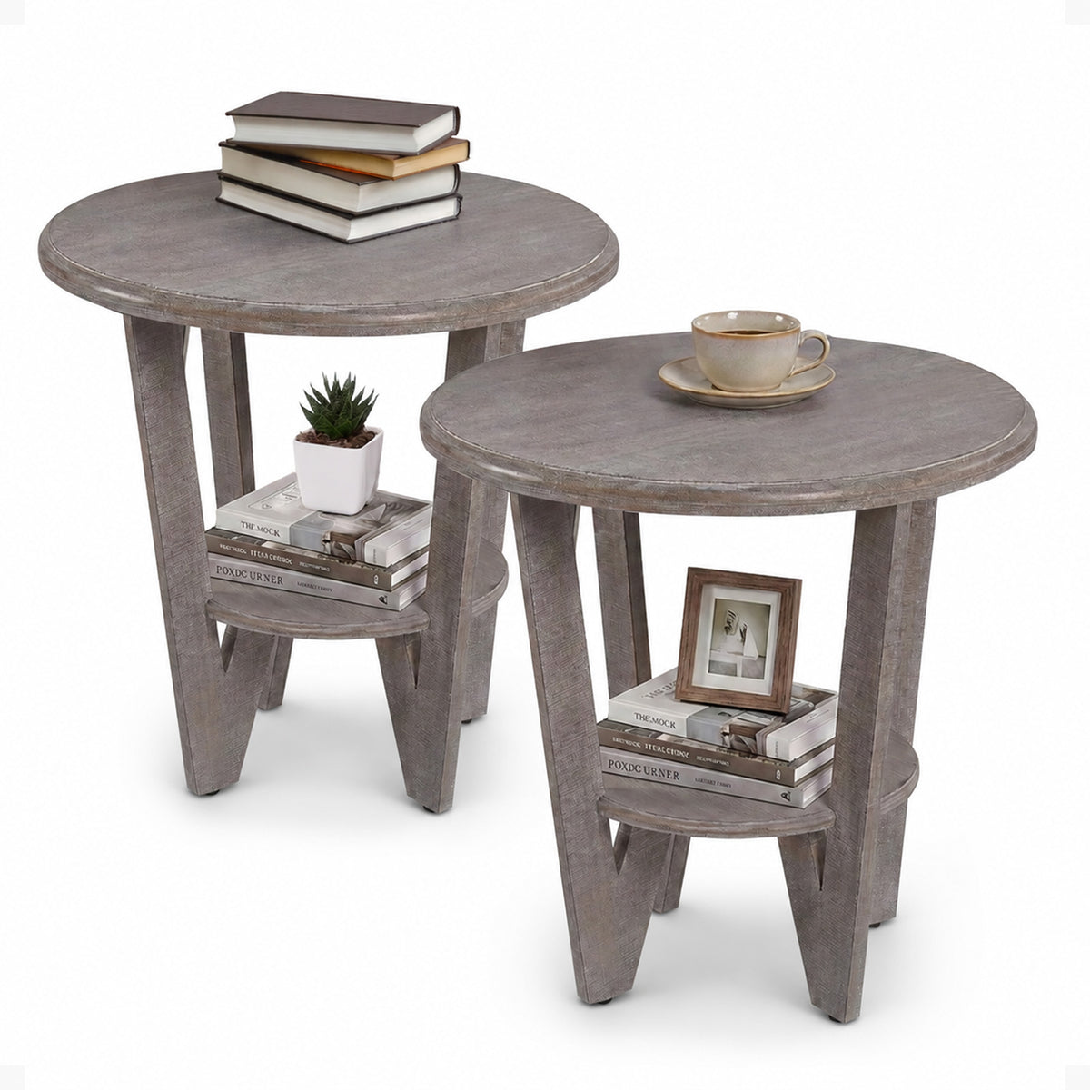 COZAYH Rustic Farmhouse Wooden End Table & Storage Shelf, Vintage Grey, Set of 2