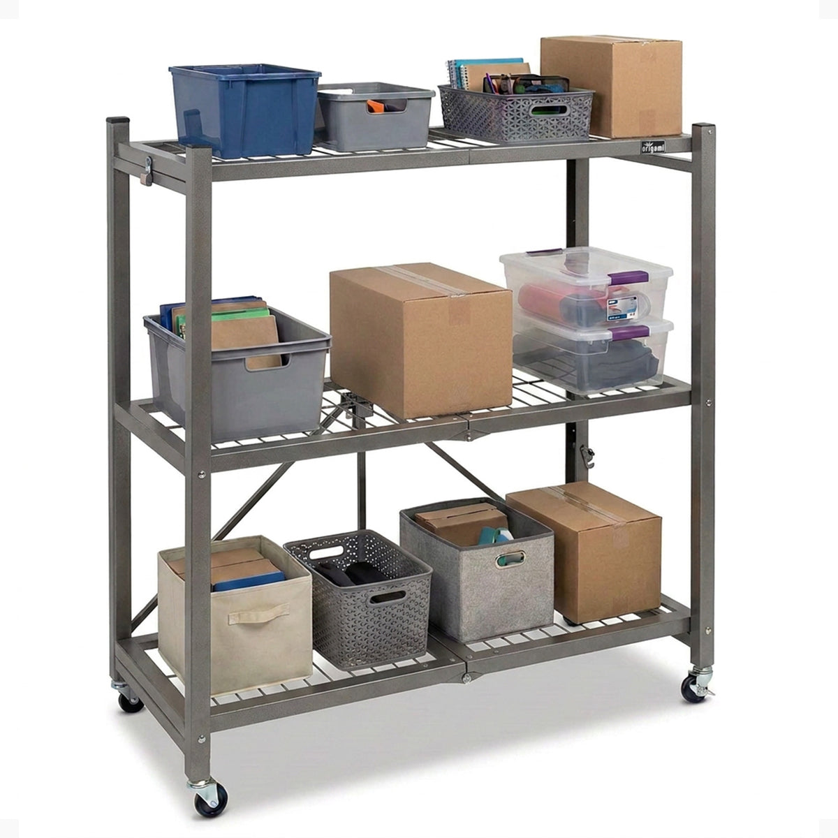 Origami R3 Foldable 3-Tiered Shelf Storage Rack & Wheels, Pewter (2 Pack)