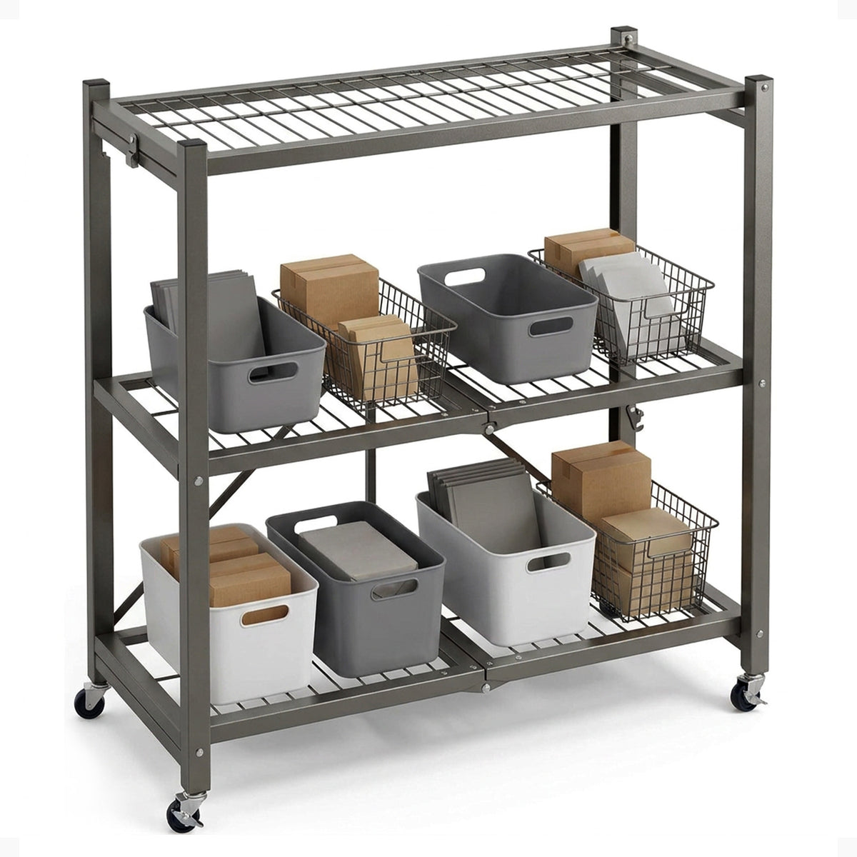 Origami R3 Foldable 3-Tiered Shelf Storage Rack & Wheels, Pewter (6 Pack)