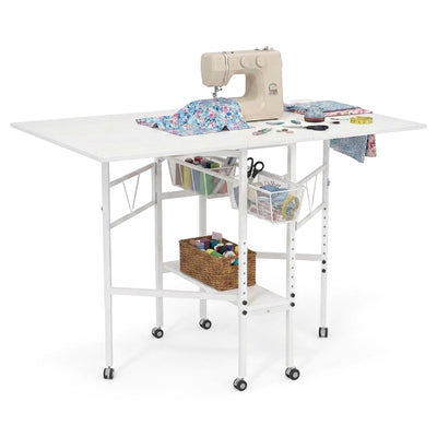 Sew Ready Folding Sewing Craft Table with Storage Drawers and Wheels, White