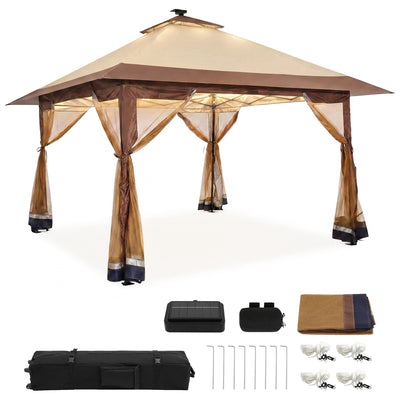 Suntime 12x12 Instant Pop Up Gazebo Solar Light Screen Canopy Tent Cover, Brown