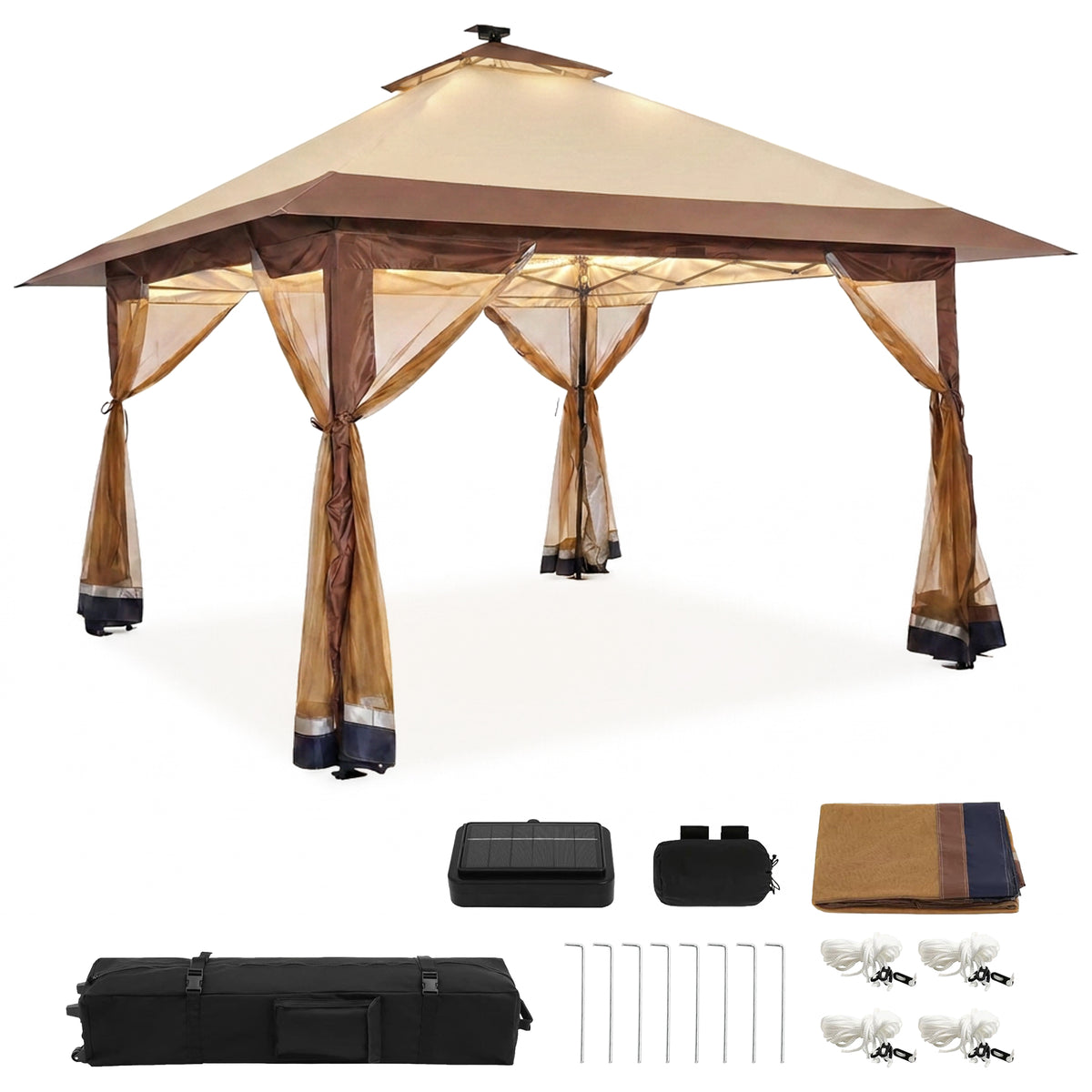 Suntime 12x12 Pop Up Gazebo Solar Light Screen Canopy Cover, Brown (For Parts)