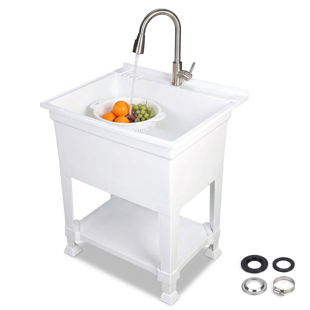 UTILITYSINKS Plastic 30” Freestanding Utility Tub Sink w/Pull Faucet,White(Used)