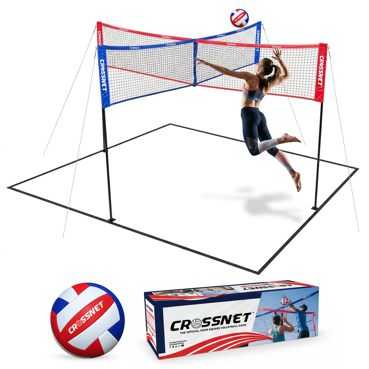 Vivere CROSSNET 4 Square Outdoor Volleyball Game Net Set with Ball, Star/Stripes