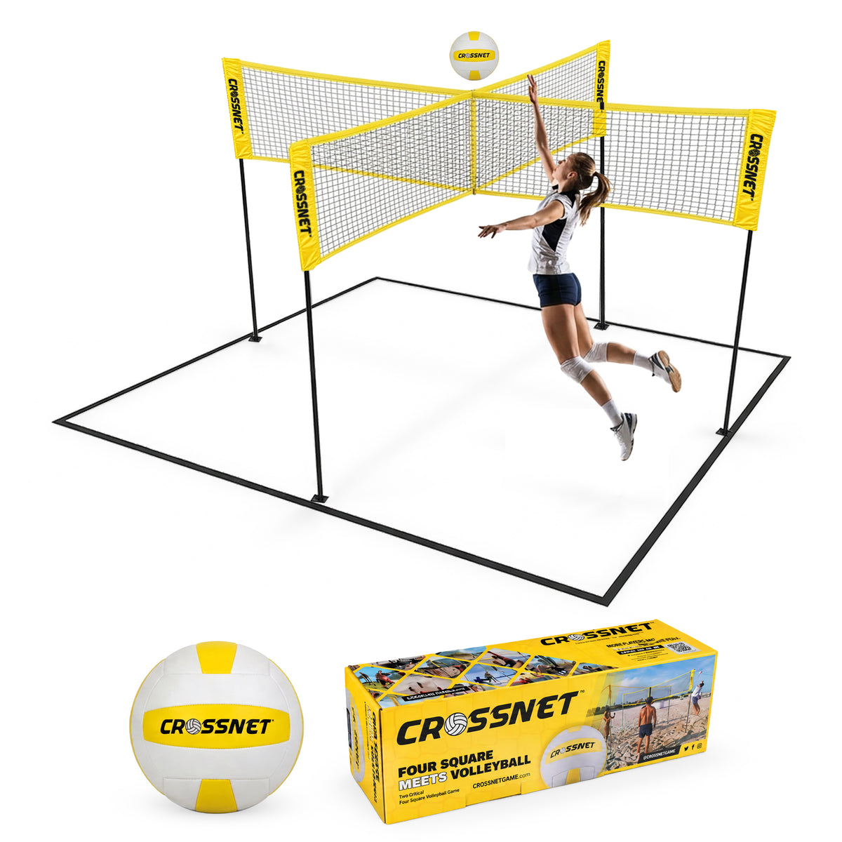 Vivere CROSSNET 4 Square Outdoor Volleyball Game Net Set with Ball, Yellow/White