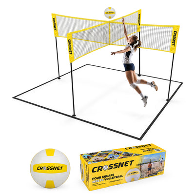 Vivere CROSSNET 4 Square Outdoor Volleyball Game Net Set with Ball, Yellow/White