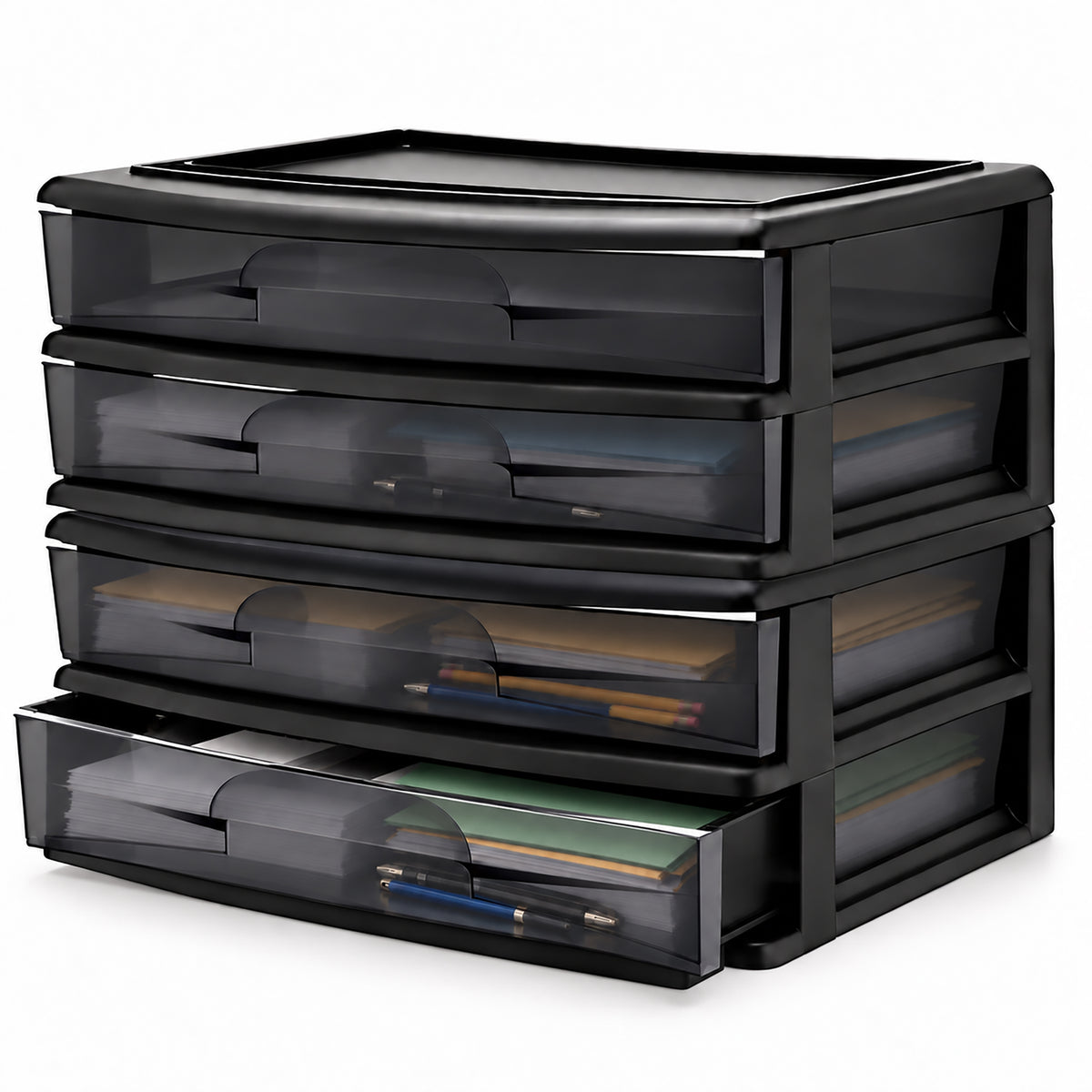 Homz Plastic 2 Drawer Medium Storage Cart, Black Frame with Smoke Drawer, 2 Pack