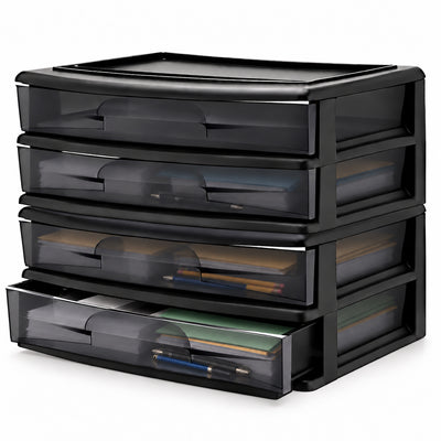 Homz Plastic 2 Drawer Medium Storage Cart, Black Frame with Smoke Drawer, 2 Pack