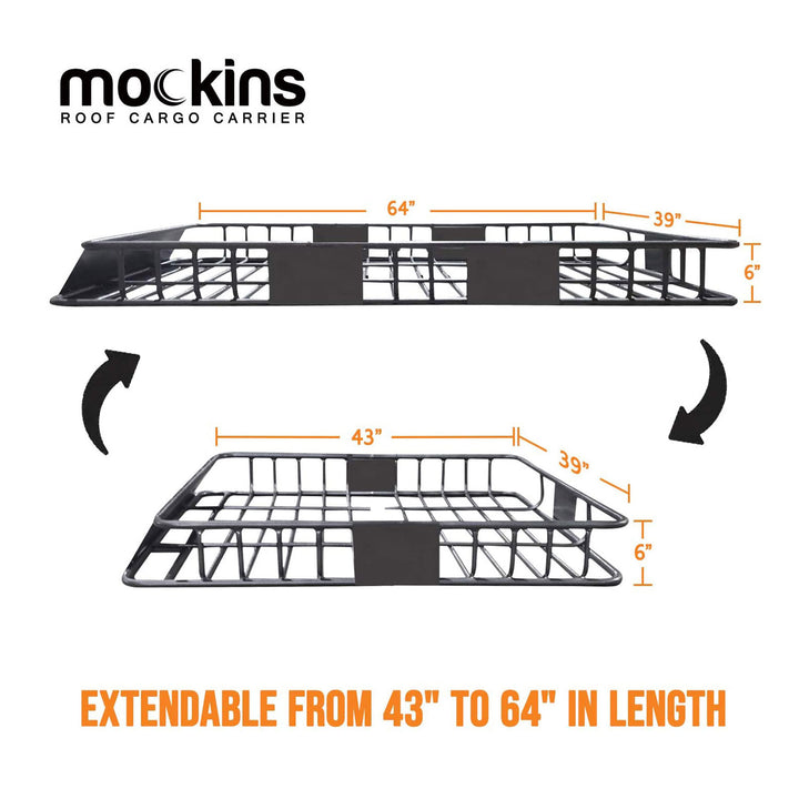 Mockins Extendable Rooftop Rack with Bungee Net, Straps, & Cargo Bag (Open Box)