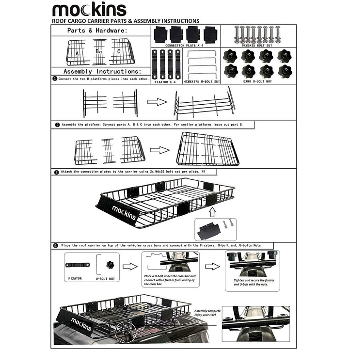 Mockins Extendable Rooftop Rack with Bungee Net, Straps, & Cargo Bag (Open Box)