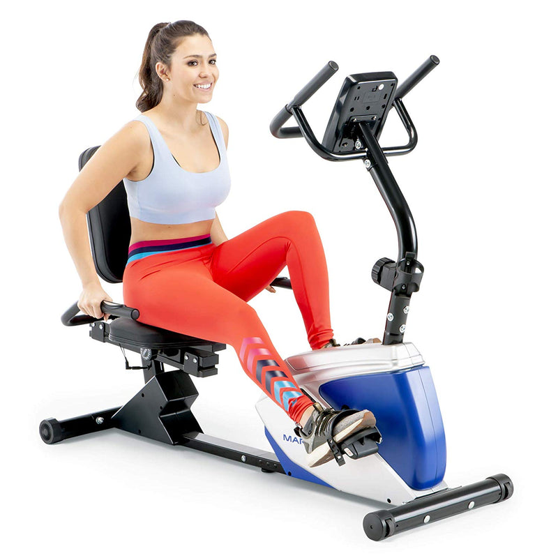 Marcy Sturdy 8 Resistance Magnetic Adjustable Recumbent Home Exercise Bike, Blue