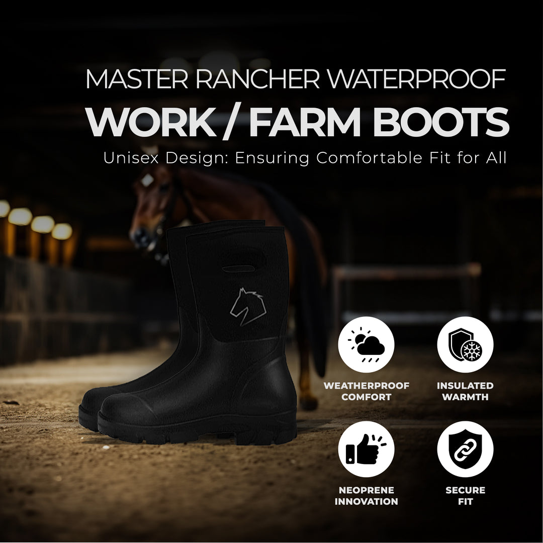 Master Rancher Waterproof Work Farm Boots Unisex Men's 12 Women's 14, Black