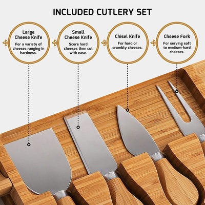 Bambusi Bamboo Cheese Charcuterie Board Serving Set with Knives and Utensils