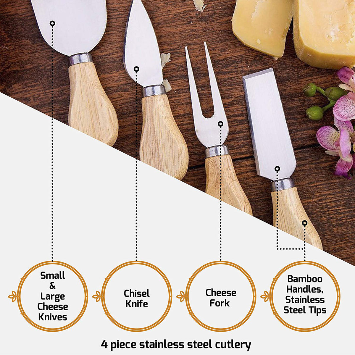 Bambusi Bamboo Cheese Charcuterie Board Serving Set with Knives and Utensils