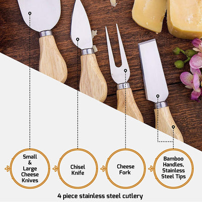 Bambusi Bamboo Cheese Charcuterie Board Serving Set with Knives and Utensils