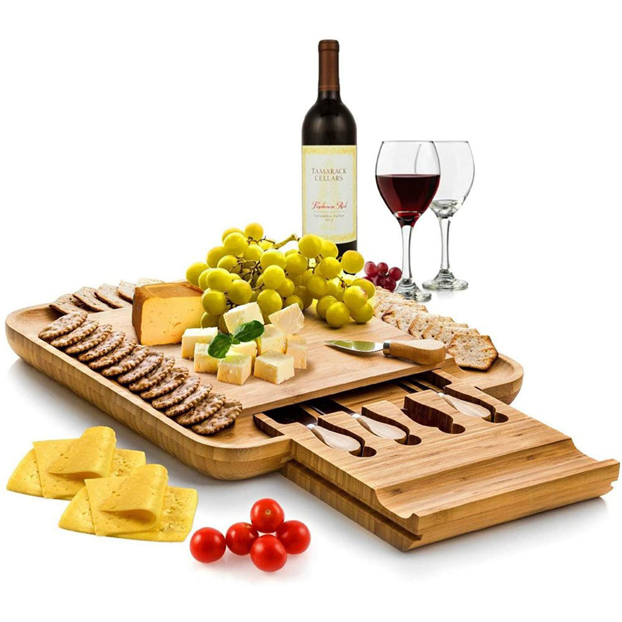 Bambusi Bamboo Cheese Charcuterie Board Serving Set with Knives and Utensils