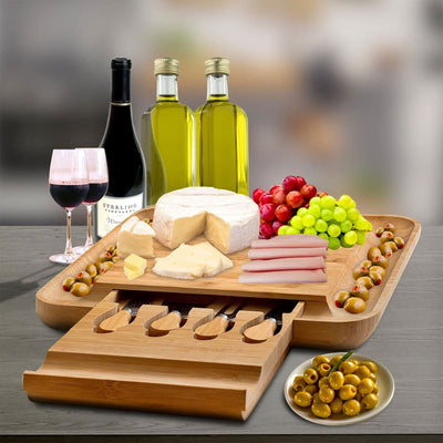 Bambusi Bamboo Cheese Charcuterie Board Serving Set with Knives and Utensils