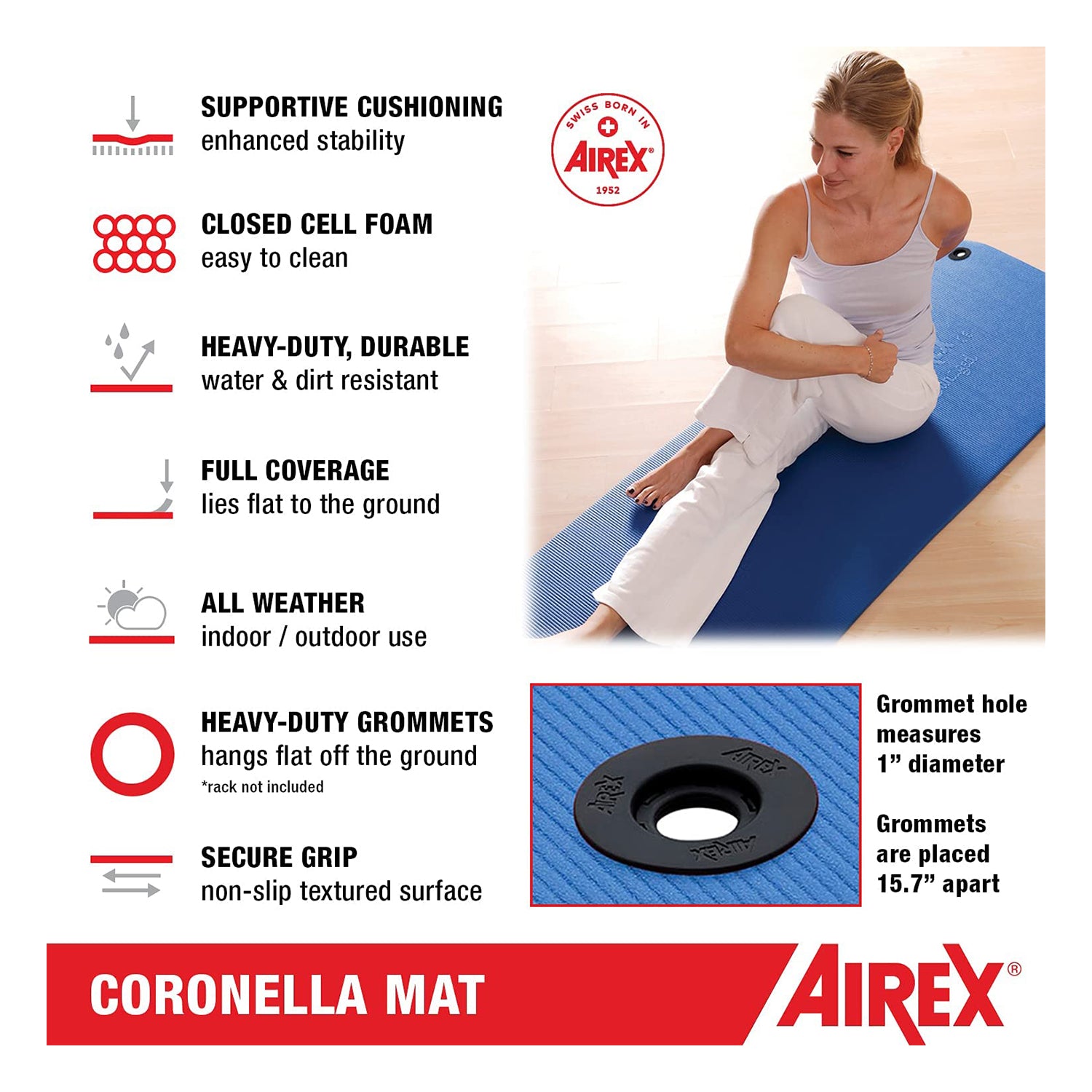 AIREX Coronella Closed Cell Foam Fitness Mat With Grommets for Yoga & More, Red - VMInnovations
