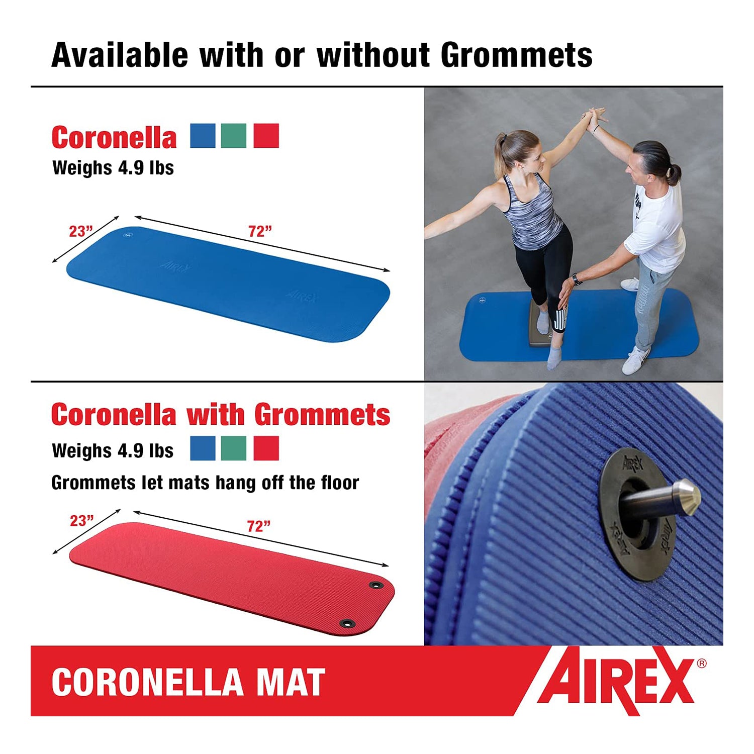 AIREX Coronella Closed Cell Foam Fitness Mat With Grommets for Yoga & More, Red - VMInnovations