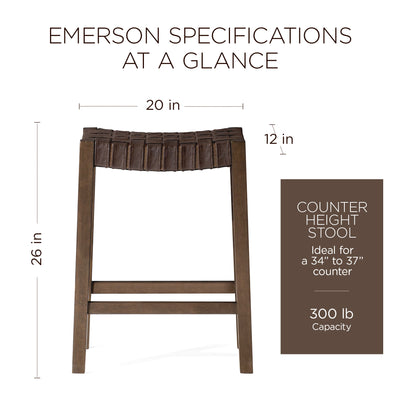 Maven Lane Emerson Counter Stool, Weathered Brown Wood Finish with Marksman Saddle Vegan Leather