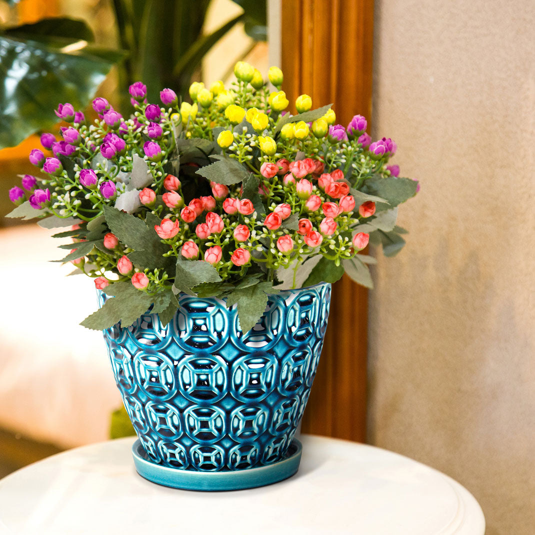 Southern Patio 12" Ceramic Clay Flower Planter & Saucer Tray, Seafoam (Used)