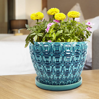 Southern Patio 12" Ceramic Clay Flower Planter & Saucer Tray, Seafoam (Used)