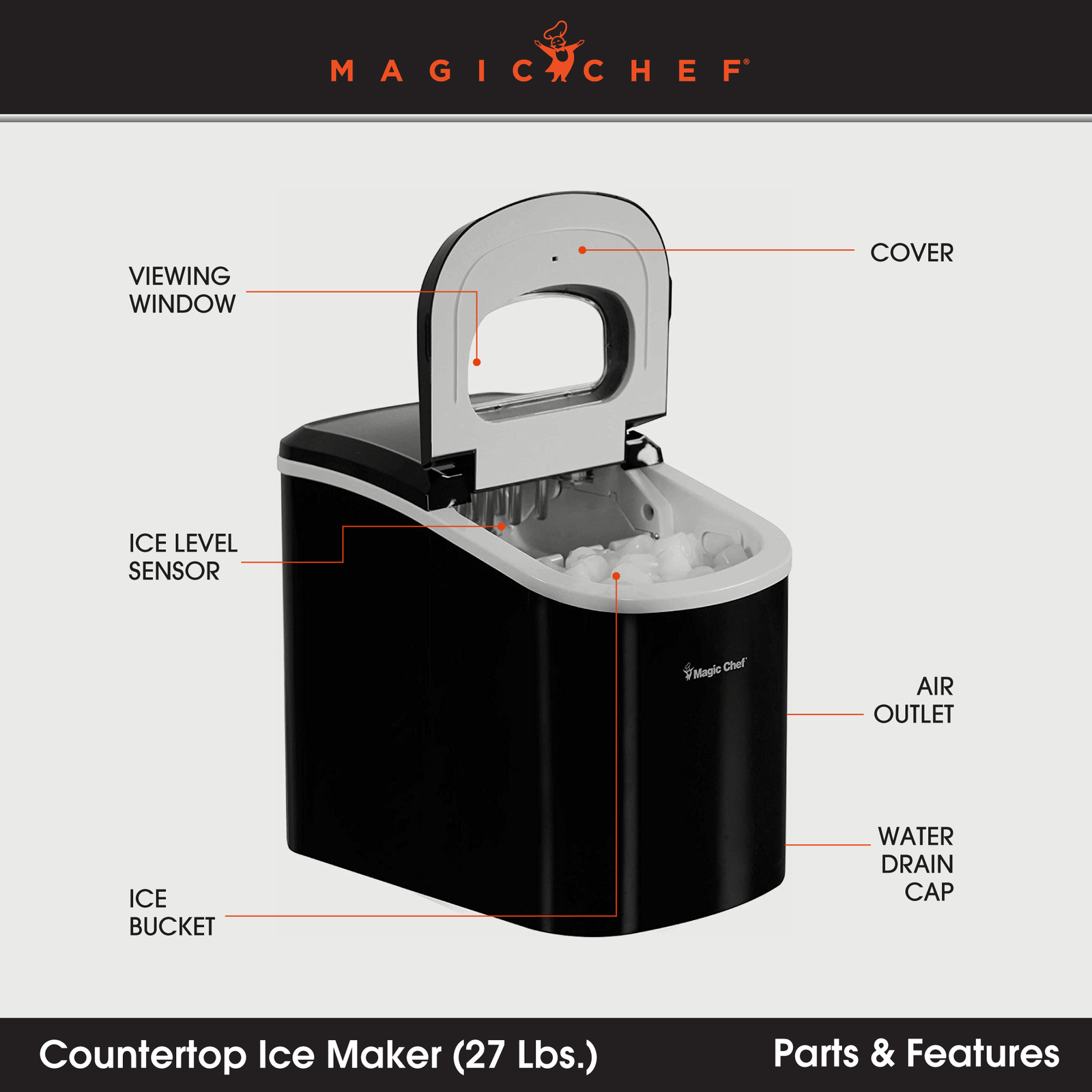 Magic Chef MCIM22B Portable Home Countertop Ice Maker, 27 Pounds Per Day, Black - VMInnovations
